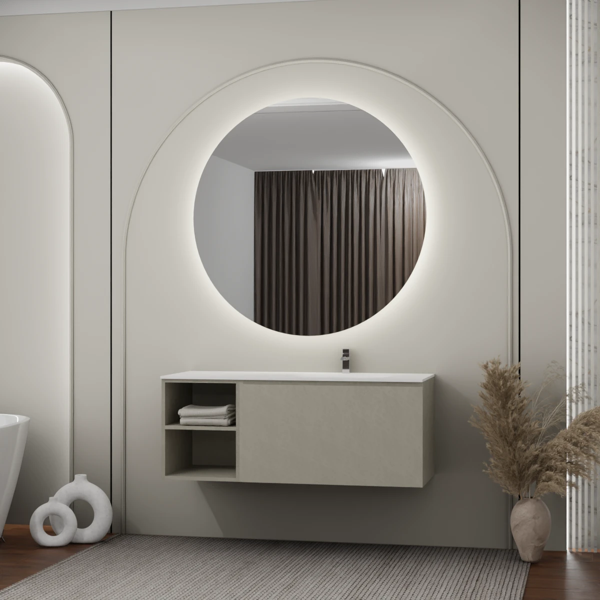 Meuble largeur 130 cm, profondeur 51 cm, façades et structure en nobilitato cemento argilla, poignée A, vasque intégrée en en tekhnos blanc. Miroir rond, disponible sans rétroéclairage ou avec rétroéclairage périmétrique et capteur tactile latéral en bas à droite; épaisseur : 2 cm.