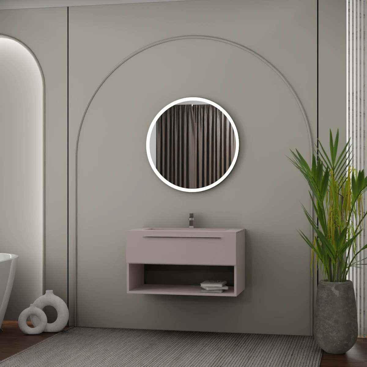 Möbel Breite 90 cm, Tiefe 51 cm, Front und Korpus in matt lackiert FB 286 peignoir, Griff U verchromt, integriertes Waschbecken cubik B227 aus tekhnos FB 286 peignoir. Runder Spiegel mit umlaufender LED-Frontbeleuchtung. Elektrischer Anschluss an einen Wandschalter erforderlich; Stärke: 2 cm.