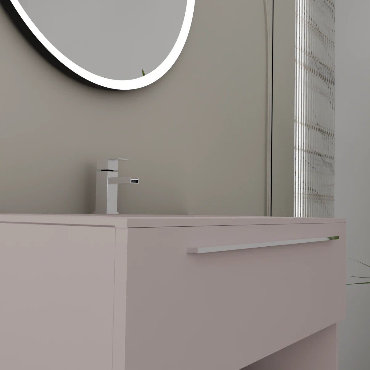 Möbel Breite 90 cm, Tiefe 51 cm, Front und Korpus in matt lackiert FB 286 peignoir, Griff U verchromt, integriertes Waschbecken cubik B227 aus tekhnos FB 286 peignoir. Runder Spiegel mit umlaufender LED-Frontbeleuchtung. Elektrischer Anschluss an einen Wandschalter erforderlich; Stärke: 2 cm.