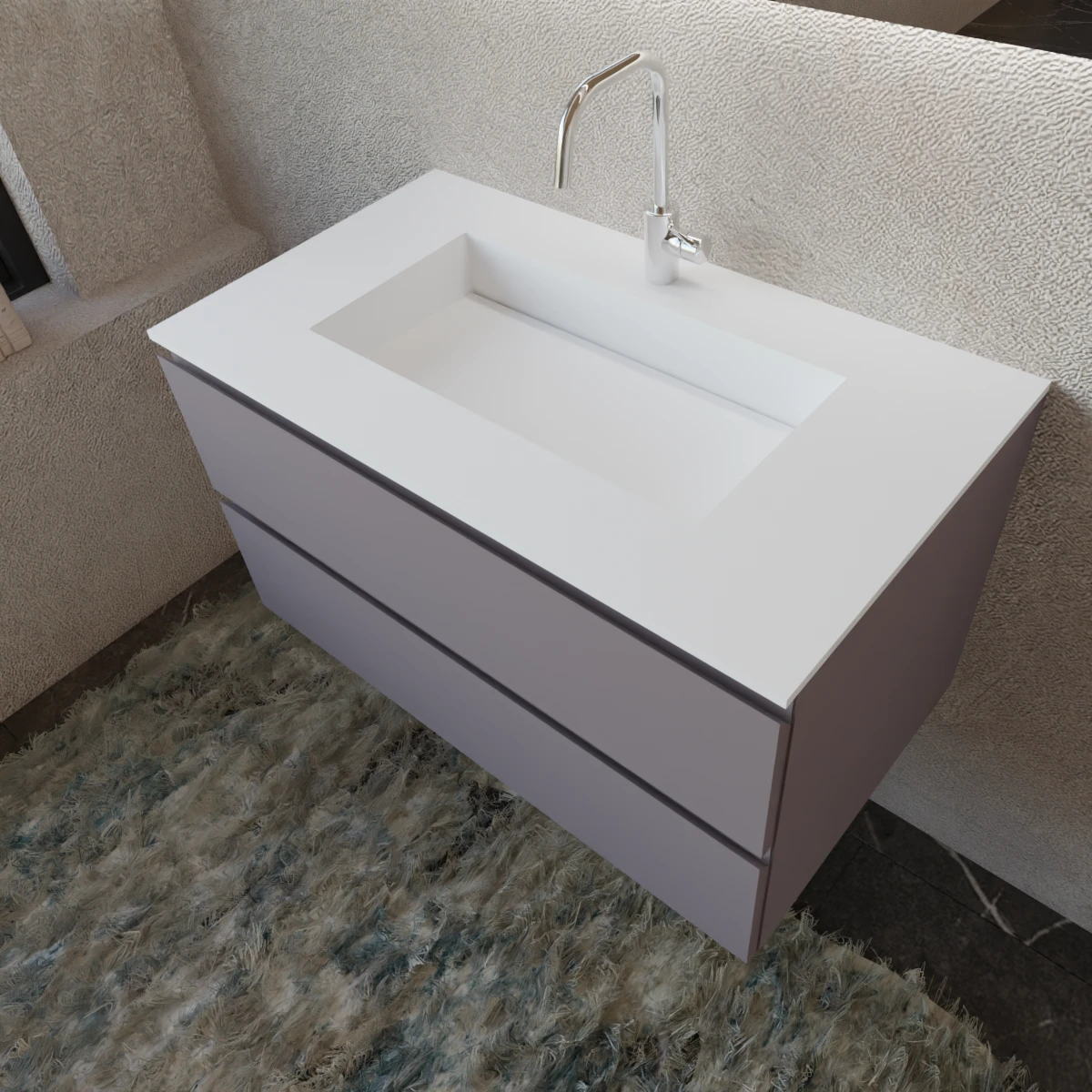 Möbel Breite 90 cm, Tiefe 51 cm, Front und Korpus in matt lackiert NCS S 6005 R20B, Griff A, integriertes Waschbecken venere B454 aus tecnoril Weiss. Rechteckiger Spiegel mit Frontbeleuchtung., auch mit vierseitiger Hintergrundbeleuchtung und seitlichem Touchsensor unten rechts erhältlich; Stärke: 2 cm.