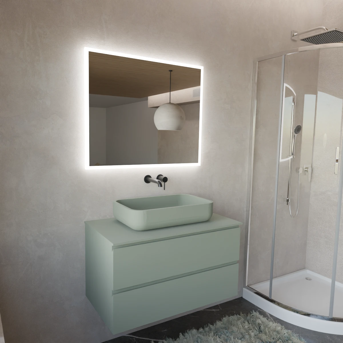Möbel Breite 90 cm, Tiefe 51 cm, Front und Korpus in matt lackiert RAL7033, Griff A, top tekhnos RAL7033, Aufsatzbecken aus tekhnos RAL7033. Rechteckiger Spiegel mit umlaufender LED-Frontbeleuchtung, elektrischer Anschluss an einen Wandschalter erforderlich.; Stärke: 2 cm.