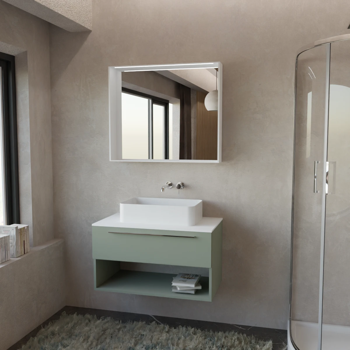 Möbel Breite 90 cm, Tiefe 51 cm, Front und Korpus in matt lackiert RAL7033, Griff U verchromt, top tecnoril Weiss, Aufsatzbecken aus Keramik Weiss. Spiegel mit Holzrahmen, oberem LED-Licht und Touch-Sensor, laminat- oder matt lackierte Oberfläche passend zum Möbelstück. Für eine andere Rahmenfarbe kontaktiere uns; Stärke: 13 cm.