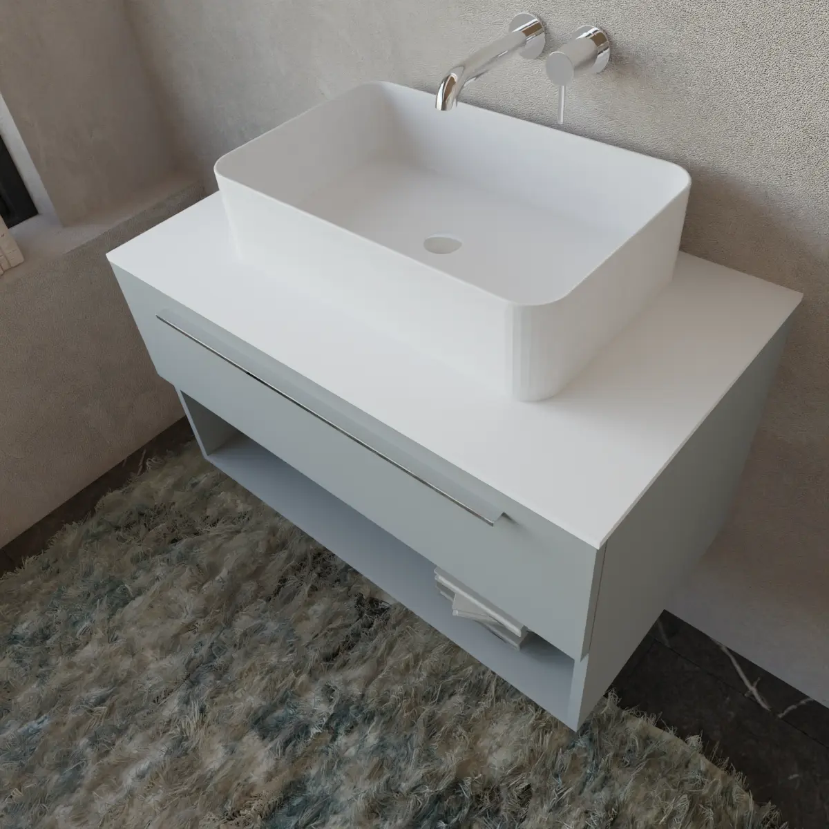 Möbel Breite 90 cm, Tiefe 51 cm, Front und Korpus in matt lackiert RAL7042, Griff U verchromt, top tecnoril Weiss, Aufsatzbecken aus Keramik Weiss. Spiegel mit Holzrahmen, oberem LED-Licht und Touch-Sensor, laminat- oder matt lackierte Oberfläche passend zum Möbelstück. Für eine andere Rahmenfarbe kontaktiere uns; Stärke: 13 cm.