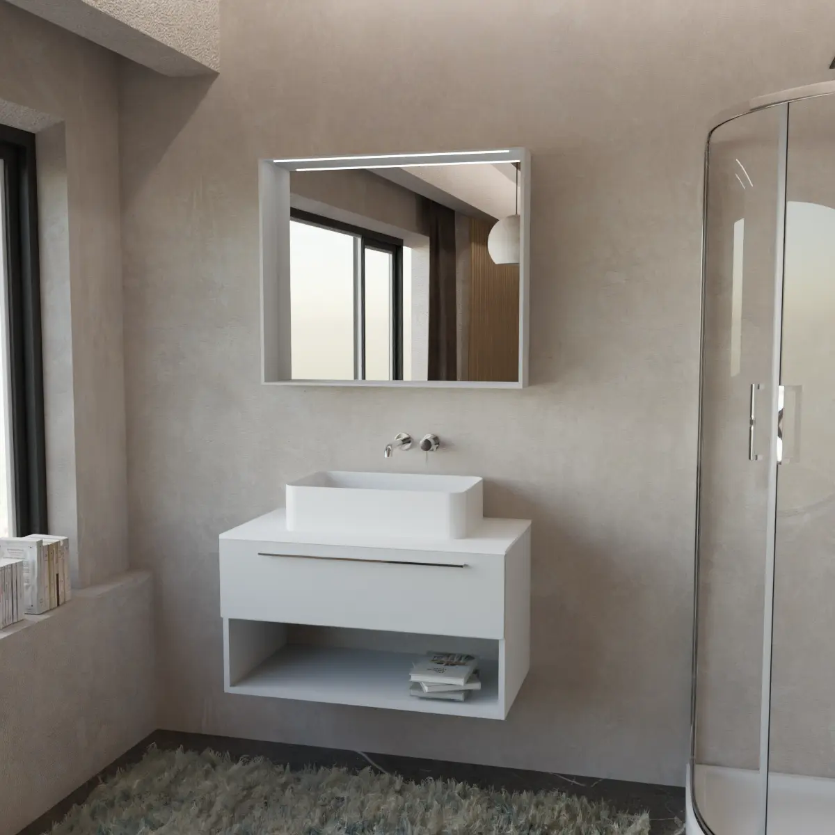 Möbel Breite 90 cm, Tiefe 51 cm, Front und Korpus in matt lackiert RAL7047, Griff U verchromt, top tecnoril Weiss, Aufsatzbecken aus Keramik Weiss. Spiegel mit Holzrahmen, oberem LED-Licht und Touch-Sensor, laminat- oder matt lackierte Oberfläche passend zum Möbelstück. Für eine andere Rahmenfarbe kontaktiere uns; Stärke: 13 cm.