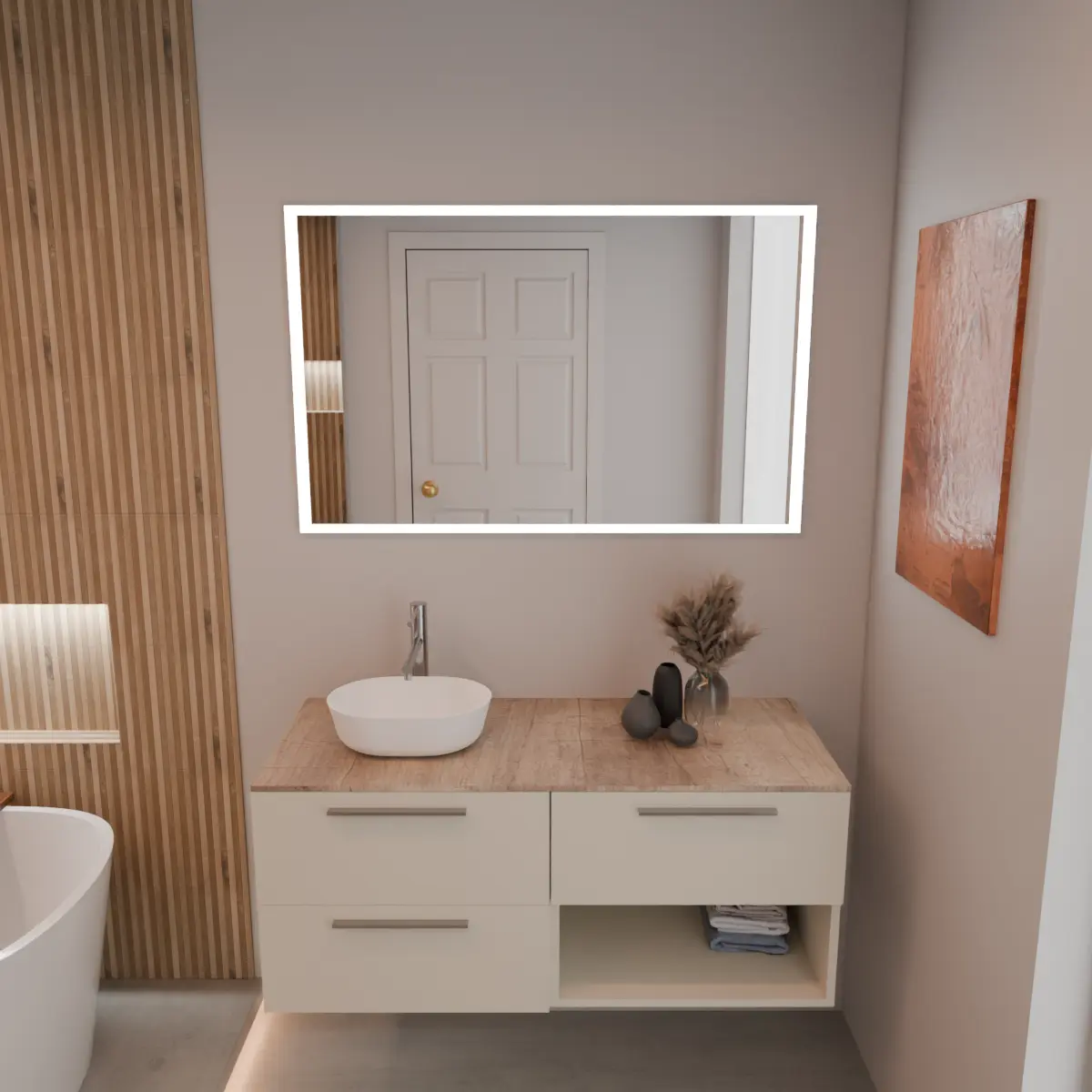 Meuble largeur 120cm, profondeur 51 cm, façades et structure en laqué mat FB 201 shaded white, poignée U chromé, top-hlp quercia, vasque à poser code article PF1260 en  ceramica blanc. Miroir rectangulaire avec éclairage LED frontal le long du périmètre., connexion électrique à effectuer à un interrupteur mural; épaisseur : 2 cm.