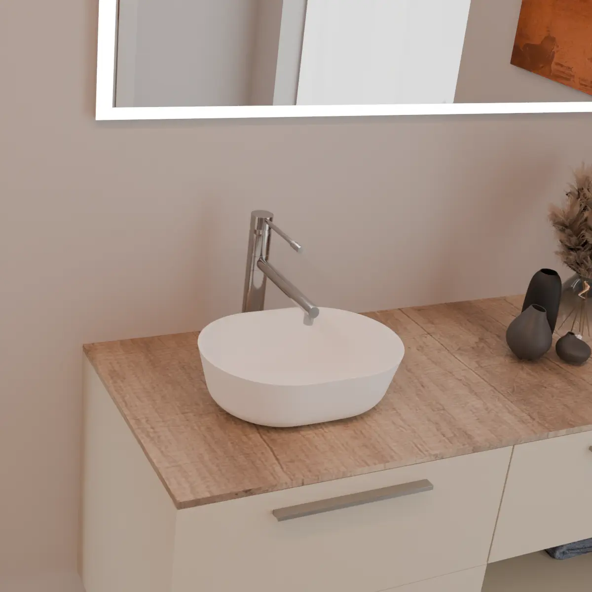 Meuble largeur 120cm, profondeur 51 cm, façades et structure en laqué mat FB 201 shaded white, poignée U chromé, top hlpquercia, vasque à poser code article PF1260 en  ceramica blanc. Miroir rectangulaire avec éclairage LED frontal le long du périmètre., connexion électrique à effectuer à un interrupteur mural; épaisseur : 2 cm.