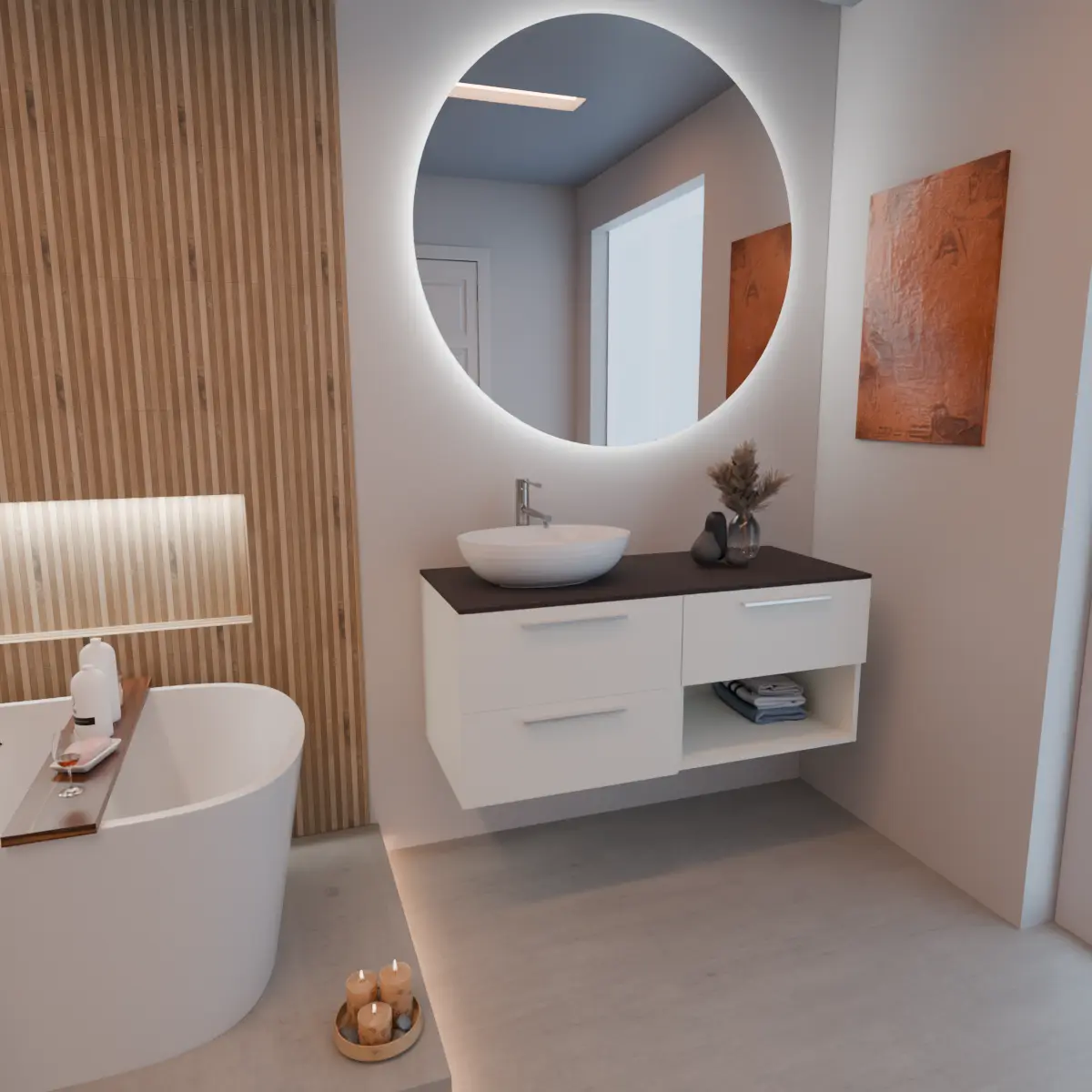 façades et structure en laqué mat RAL1013, poignée U chromé, top tekhnos RAL 8019 MAT, vasque à poser code article SOFTLY49 en  ceramica blanc. Miroir rond, disponible sans rétroéclairage ou avec rétroéclairage périmétrique et capteur tactile latéral en bas à droite; épaisseur : 2 cm.