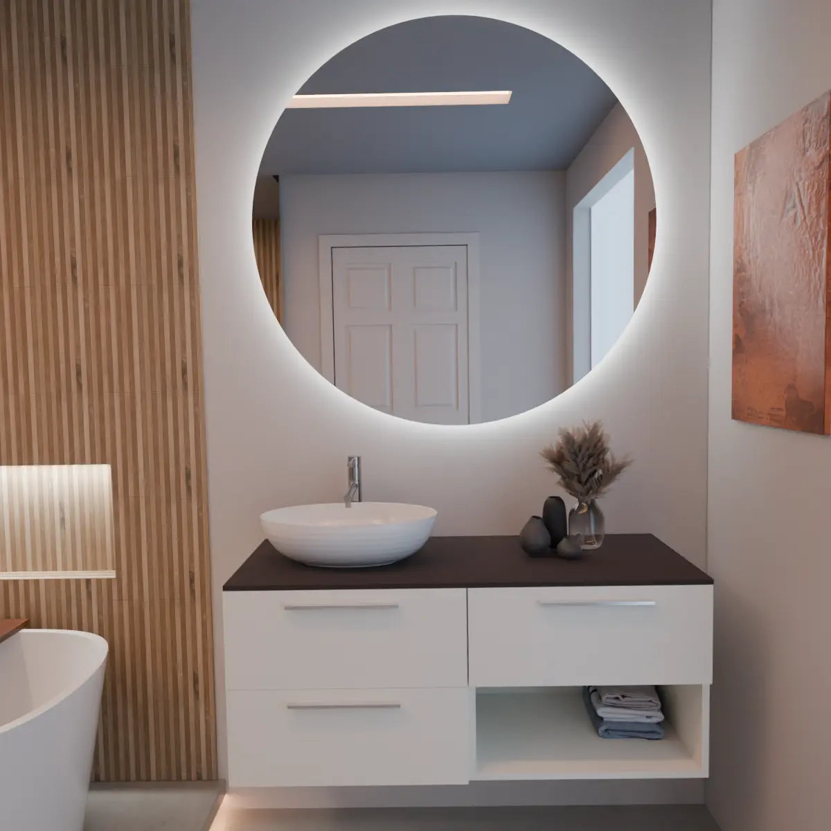 façades et structure en laqué mat RAL1013, poignée U chromé, top tekhnos RAL 8019 MAT, vasque à poser code article SOFTLY49 en  ceramica blanc. Miroir rond, disponible sans rétroéclairage ou avec rétroéclairage périmétrique et capteur tactile latéral en bas à droite; épaisseur : 2 cm.
