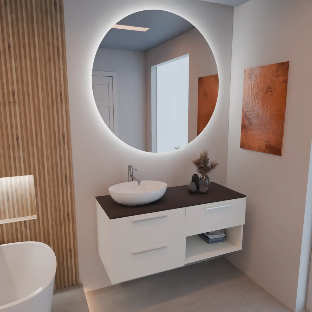 façades et structure en laqué mat RAL1013, poignée U chromé, top tekhnos RAL 8019 MAT, vasque à poser code article SOFTLY49 en  ceramica blanc. Miroir rond, disponible sans rétroéclairage ou avec rétroéclairage périmétrique et capteur tactile latéral en bas à droite; épaisseur : 2 cm.