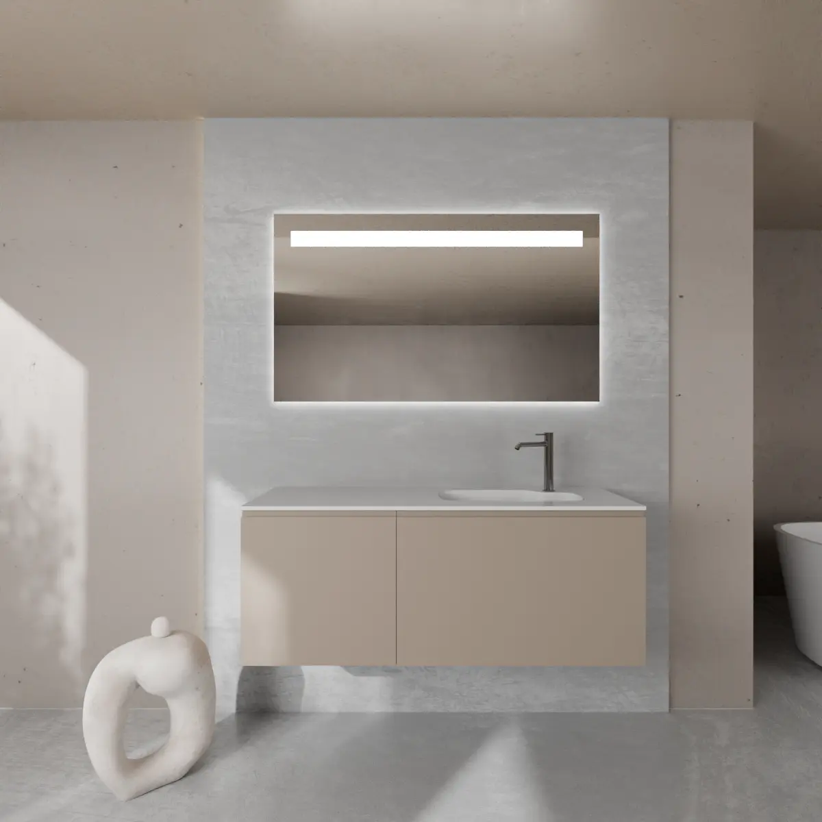 Meuble largeur 120cm, profondeur 46 cm, façades et structure en laqué mat FB 216 chemise, poignée A , vasque intégrée code article SHAPED B176 en  tecnoril blanc. Miroir rectangulaire avec éclairage frontal., également disponible avec rétroéclairage sur les 4 côtés et capteur tactile latéral en bas à droite; épaisseur : 2 cm.