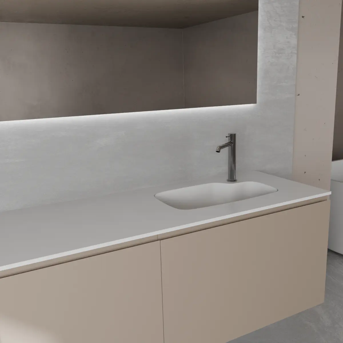 Meuble largeur 120cm, profondeur 46 cm, façades et structure en laqué mat FB 216 chemise, poignée A , vasque intégrée code article SHAPED B176 en  tecnoril blanc. Miroir rectangulaire avec éclairage frontal., également disponible avec rétroéclairage sur les 4 côtés et capteur tactile latéral en bas à droite; épaisseur : 2 cm.
