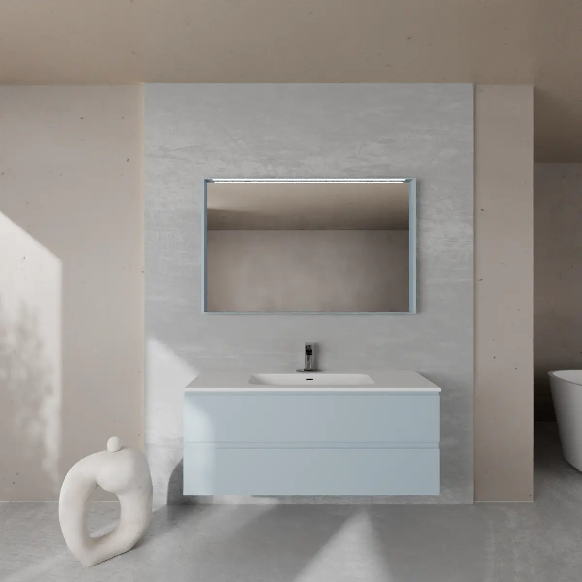 Meuble largeur 120cm, profondeur 46 cm, façades et structure en laqué mat FB 89 lulworth blue, poignée B , vasque intégrée code article COVER 120 en  ceramica blanc. Miroir avec cadre en bois, lumière LED supérieure et capteur tactile, finition stratifiée ou laquée mate assortie au meuble. Contactez-nous pour une couleur différente; épaisseur : 13 cm.