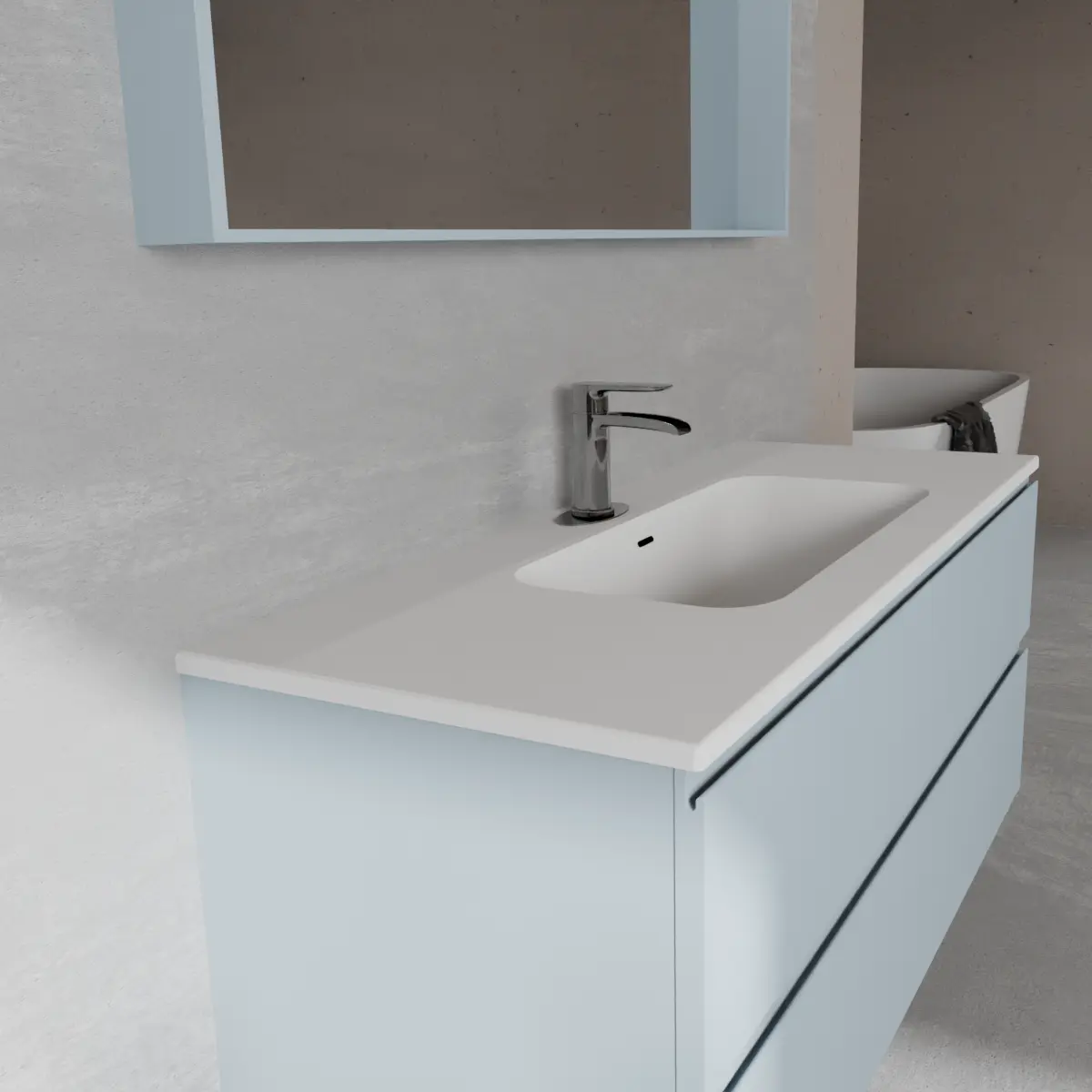 Meuble largeur 120cm, profondeur 46 cm, façades et structure en laqué mat FB 89 lulworth blue, poignée B , vasque intégrée code article COVER 120 en  ceramica blanc. Miroir avec cadre en bois, lumière LED supérieure et capteur tactile, finition stratifiée ou laquée mate assortie au meuble. Contactez-nous pour une couleur différente; épaisseur : 13 cm.
