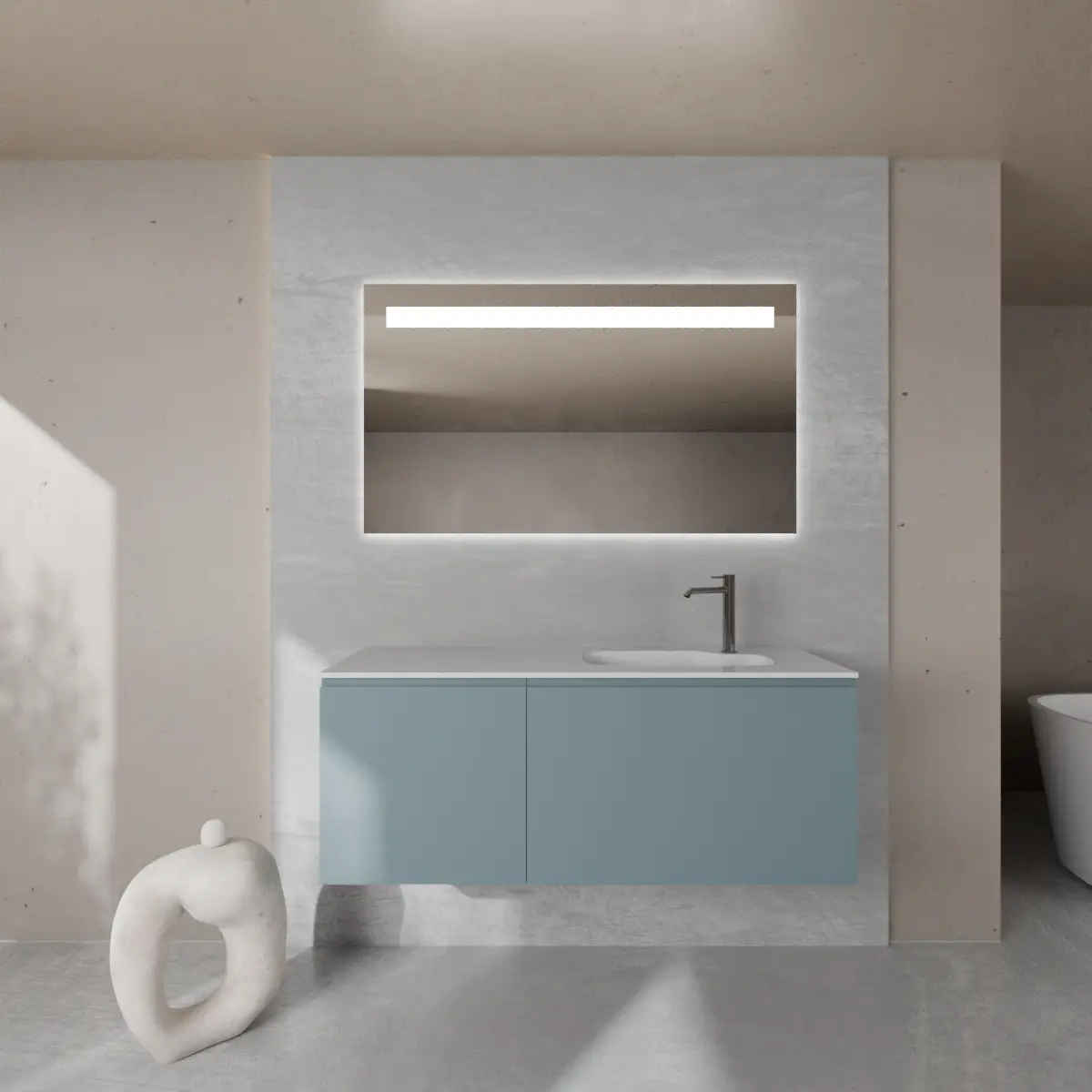 Meuble largeur 120cm, profondeur 46 cm, façades et structure en laqué mat NCS S 5010 B10G, poignée A , vasque intégrée code article SHAPED B176 en  tecnoril blanc. Miroir rectangulaire avec éclairage frontal., également disponible avec rétroéclairage sur les 4 côtés et capteur tactile latéral en bas à droite; épaisseur : 2 cm.