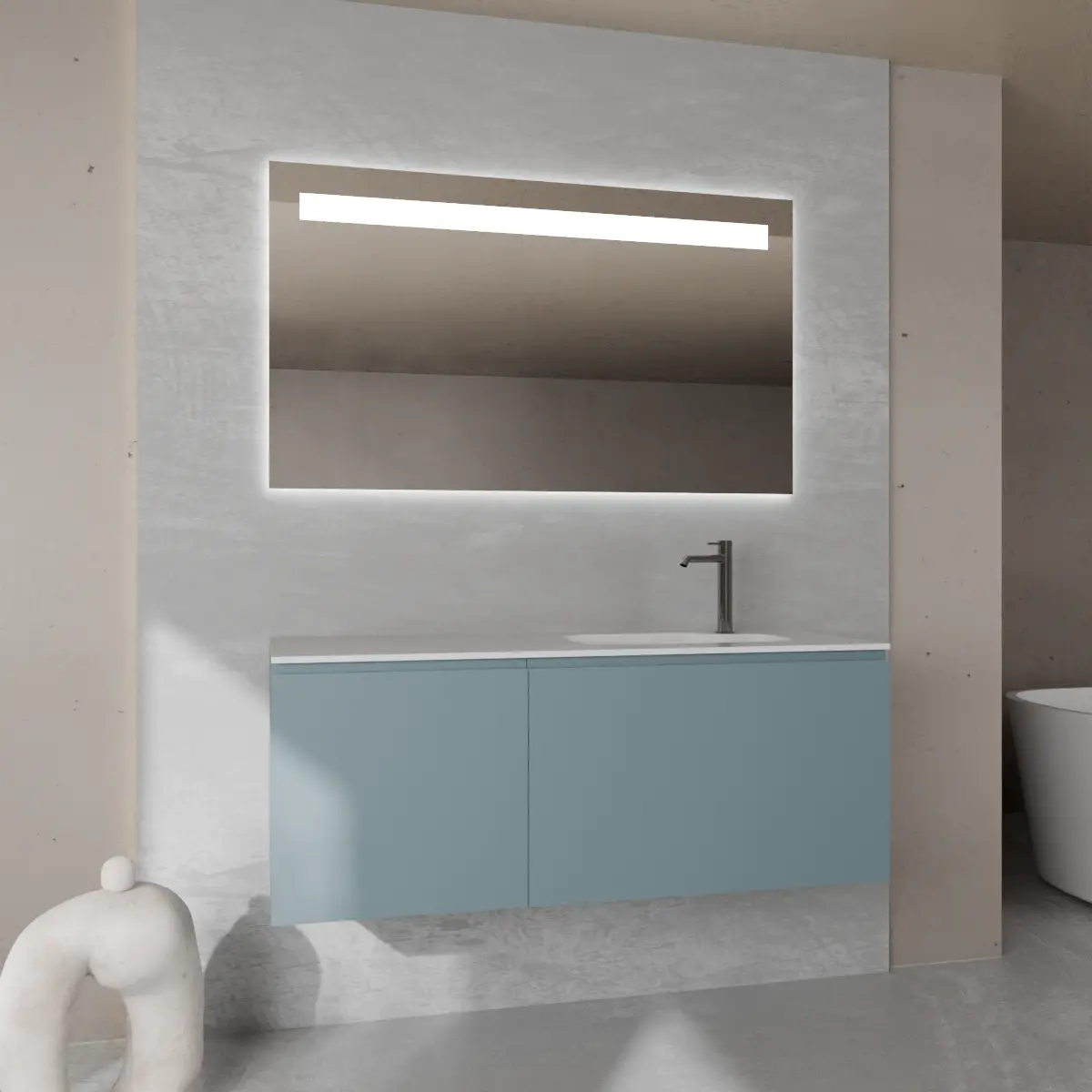 Meuble largeur 120cm, profondeur 46 cm, façades et structure en laqué mat NCS S 5010 B10G, poignée A , vasque intégrée code article SHAPED B176 en  tecnoril blanc. Miroir rectangulaire avec éclairage frontal., également disponible avec rétroéclairage sur les 4 côtés et capteur tactile latéral en bas à droite; épaisseur : 2 cm.