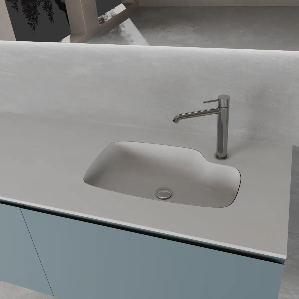 Meuble largeur 120cm, profondeur 46 cm, façades et structure en laqué mat NCS S 5010 B10G, poignée A , vasque intégrée code article SHAPED B176 en  tecnoril blanc. Miroir rectangulaire avec éclairage frontal., également disponible avec rétroéclairage sur les 4 côtés et capteur tactile latéral en bas à droite; épaisseur : 2 cm.