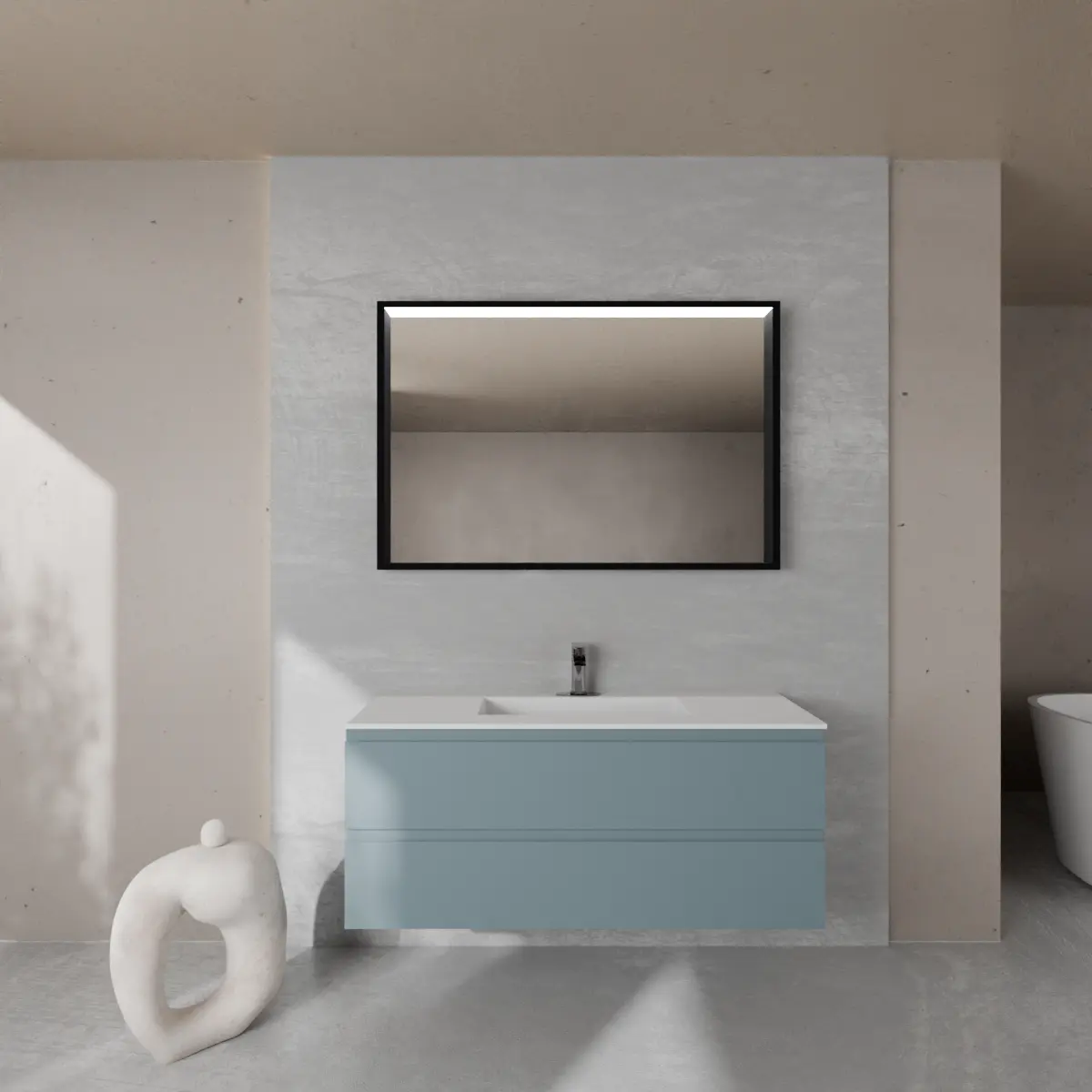 Meuble largeur 120cm, profondeur 46 cm, façades et structure en laqué mat NCS S 5010 B10G, poignée B , vasque intégrée code article VENERE B452 en  tecnoril blanc. Miroir rectangulaire avec cadre en métal noir mat de 2 mm et éclairage LED intégré dans la partie supérieure du cadre, connexion électrique à effectuer à un interrupteur mural; épaisseur du cadre : 6,5 cm.