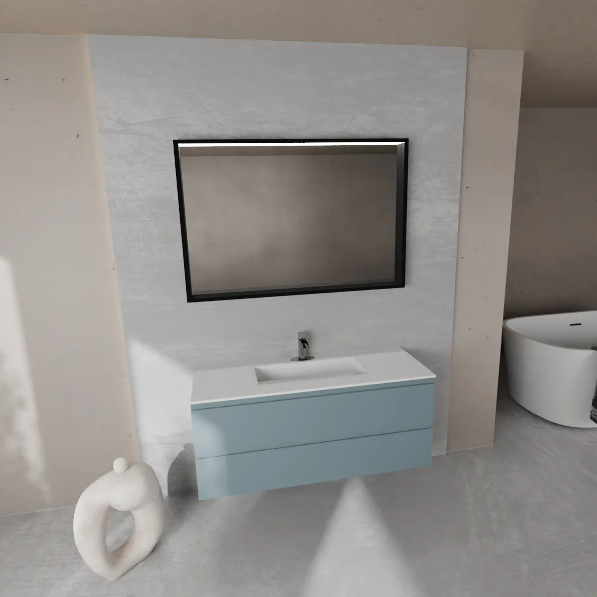 Meuble largeur 120cm, profondeur 46 cm, façades et structure en laqué mat NCS S 5010 B10G, poignée B , vasque intégrée code article VENERE B452 en  tecnoril blanc. Miroir rectangulaire avec cadre en métal noir mat de 2 mm et éclairage LED intégré dans la partie supérieure du cadre, connexion électrique à effectuer à un interrupteur mural; épaisseur du cadre : 6,5 cm.