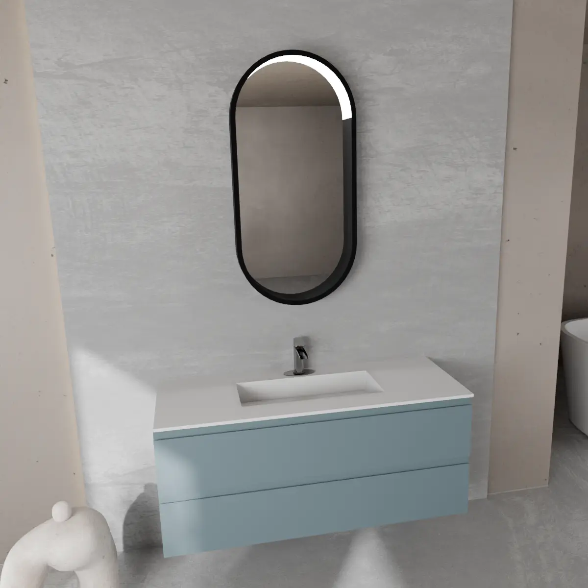 Meuble largeur 120cm, profondeur 46 cm, façades et structure en laqué mat NCS S 5010 B10G, poignée B , vasque intégrée code article VENERE B452 en  tecnoril blanc. Miroir ovale avec cadre en métal noir mat de 2 mm et éclairage LED intégré dans la partie supérieure du cadre, connexion électrique à effectuer à un interrupteur mural; épaisseur du cadre : 6,5 cm.