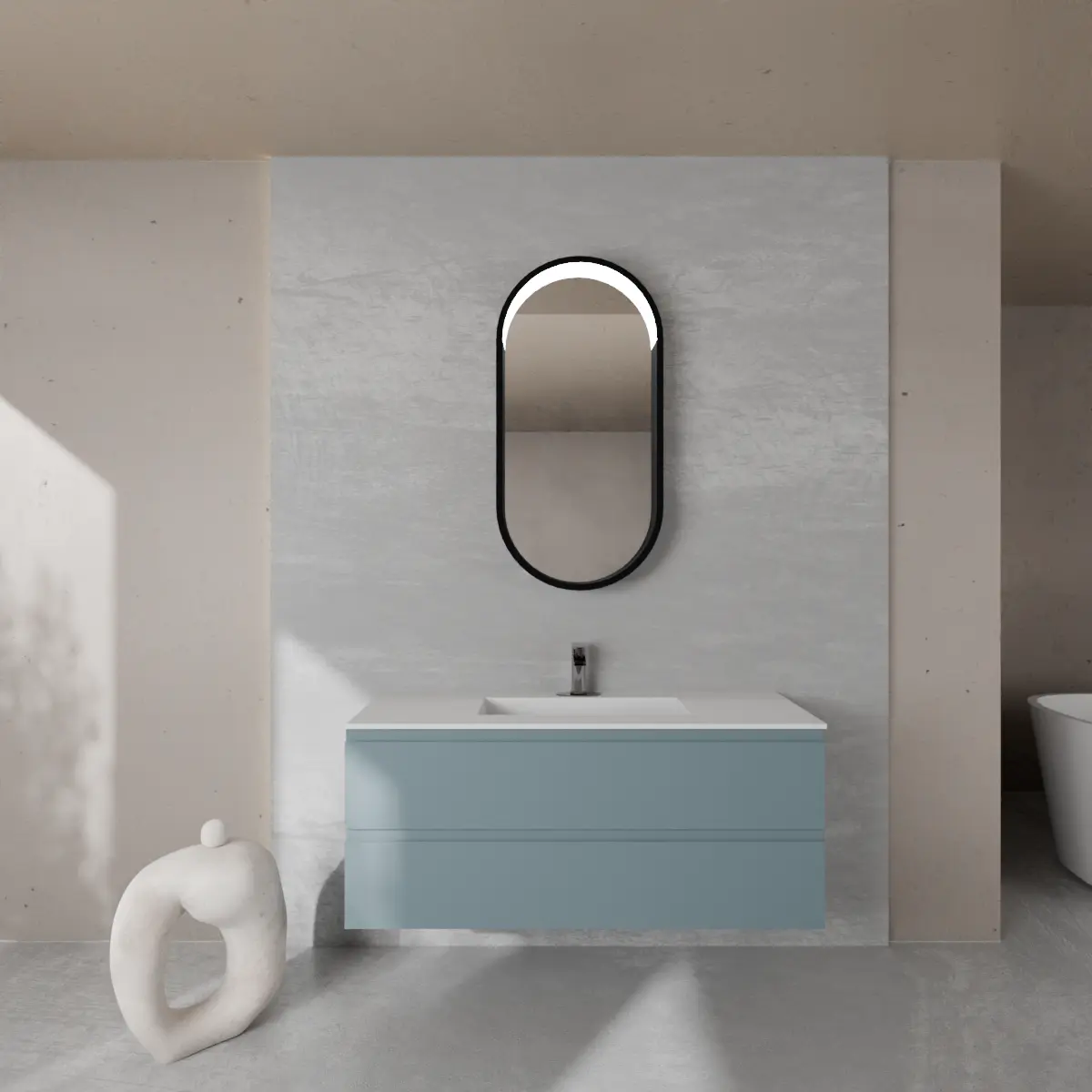 Meuble largeur 120cm, profondeur 46 cm, façades et structure en laqué mat NCS S 5010 B10G, poignée B , vasque intégrée code article VENERE B452 en  tecnoril blanc. Miroir ovale avec cadre en métal noir mat de 2 mm et éclairage LED intégré dans la partie supérieure du cadre, connexion électrique à effectuer à un interrupteur mural; épaisseur du cadre : 6,5 cm.