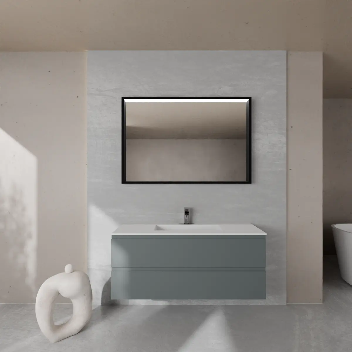 Meuble largeur 120cm, profondeur 46 cm, façades et structure en laqué mat RAL7012, poignée B , vasque intégrée code article VENERE B452 en  tecnoril blanc. Miroir rectangulaire avec cadre en métal noir mat de 2 mm et éclairage LED intégré dans la partie supérieure du cadre, connexion électrique à effectuer à un interrupteur mural; épaisseur du cadre : 6,5 cm.