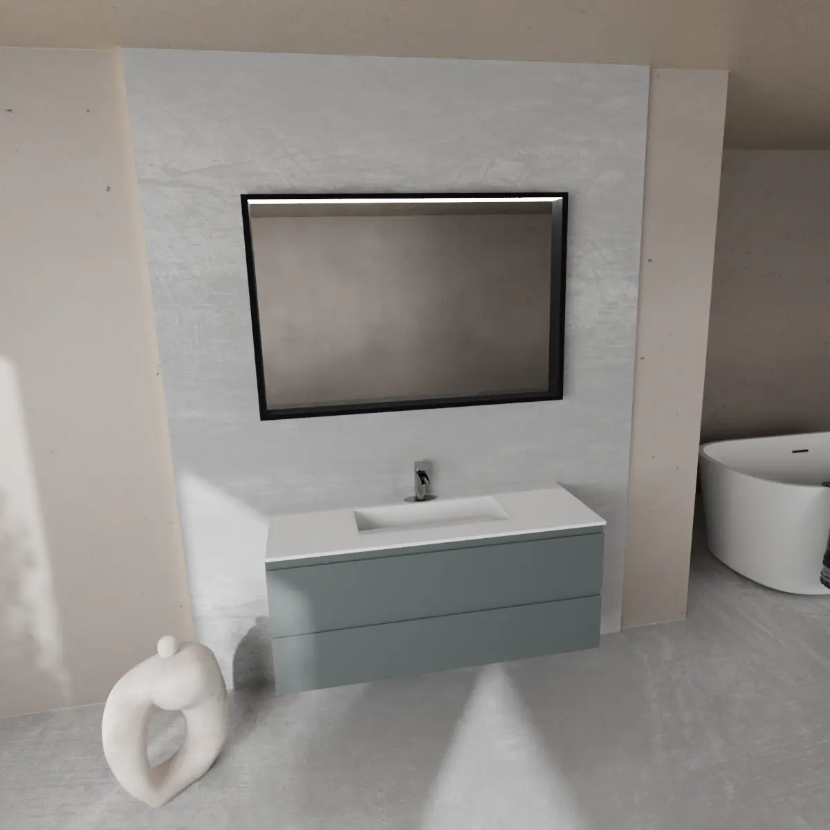 Meuble largeur 120cm, profondeur 46 cm, façades et structure en laqué mat RAL7012, poignée B , vasque intégrée code article VENERE B452 en  tecnoril blanc. Miroir rectangulaire avec cadre en métal noir mat de 2 mm et éclairage LED intégré dans la partie supérieure du cadre, connexion électrique à effectuer à un interrupteur mural; épaisseur du cadre : 6,5 cm.