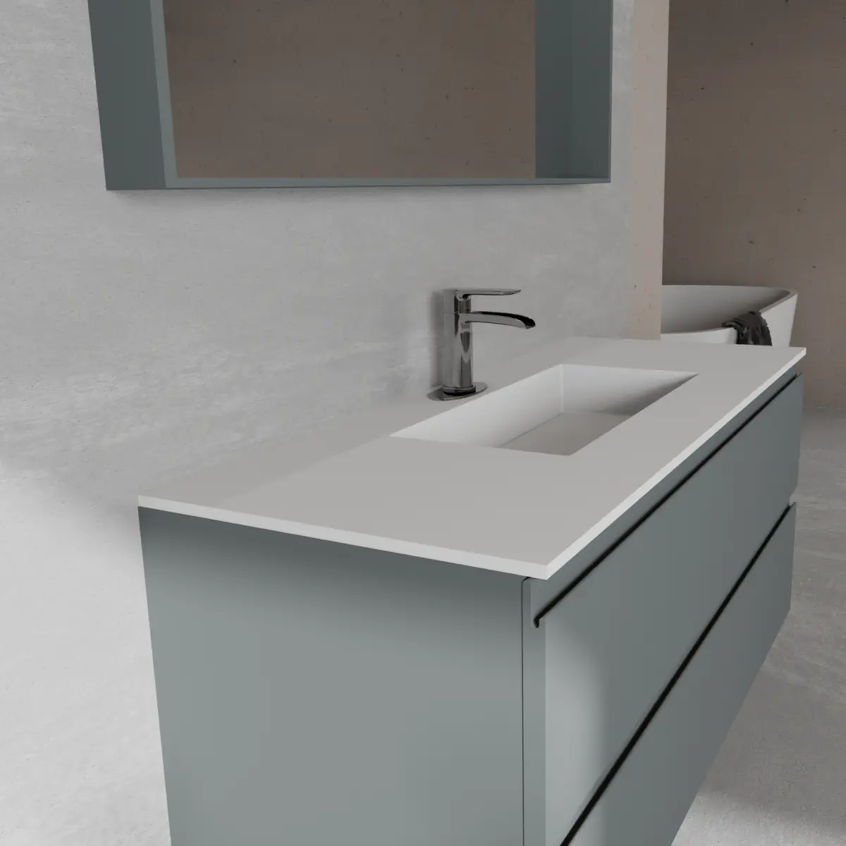 Meuble largeur 120cm, profondeur 46 cm, façades et structure en laqué mat RAL7012, poignée B , vasque intégrée code article VENERE B452 en  tecnoril blanc. Miroir avec cadre en bois, lumière LED supérieure et capteur tactile, finition stratifiée ou laquée mate assortie au meuble. Contactez-nous pour une couleur différente; épaisseur : 13 cm.