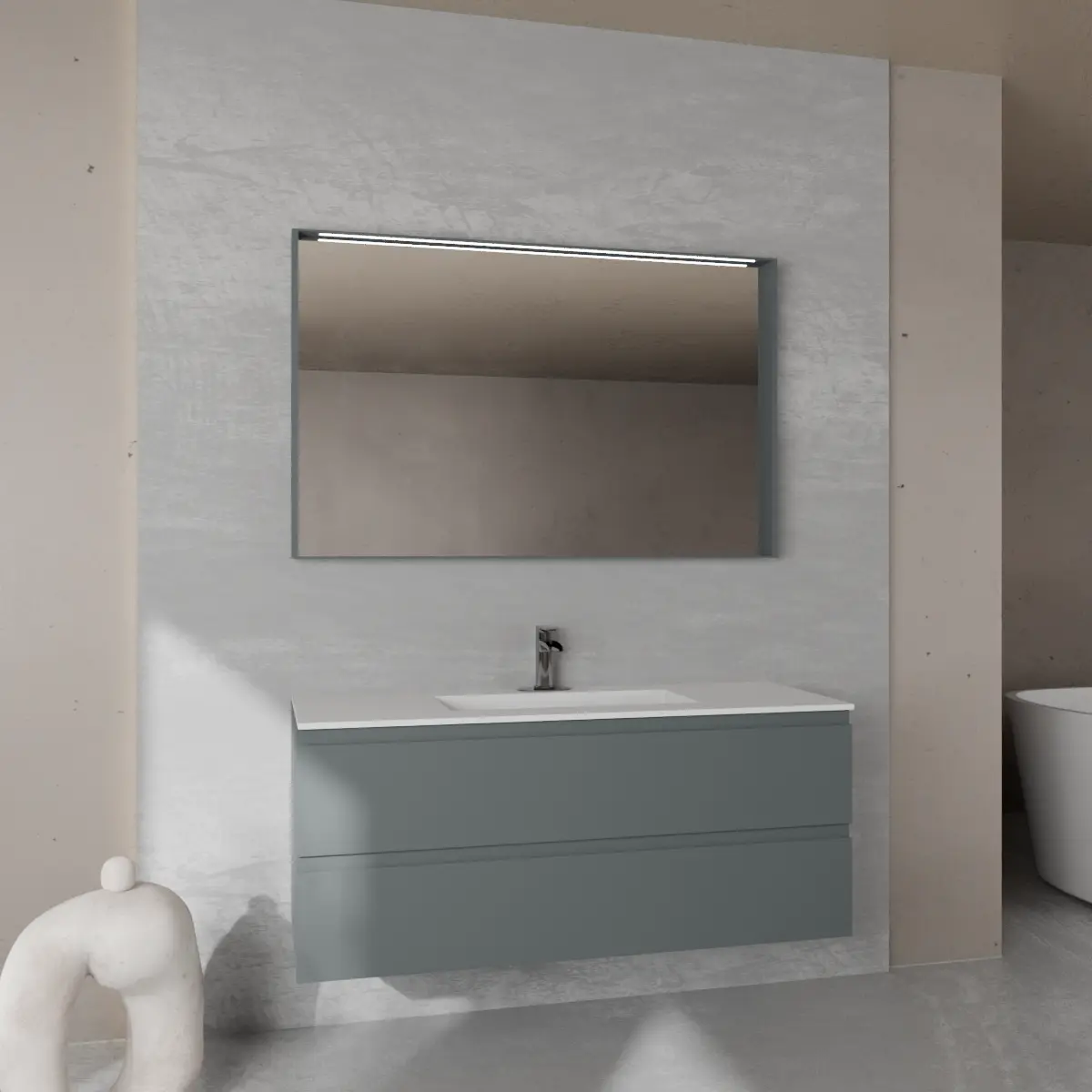Meuble largeur 120cm, profondeur 46 cm, façades et structure en laqué mat RAL7012, poignée B , vasque intégrée code article VENERE B452 en  tecnoril blanc. Miroir avec cadre en bois, lumière LED supérieure et capteur tactile, finition stratifiée ou laquée mate assortie au meuble. Contactez-nous pour une couleur différente; épaisseur : 13 cm.