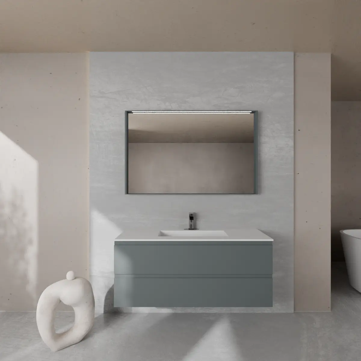 Meuble largeur 120cm, profondeur 46 cm, façades et structure en laqué mat RAL7012, poignée B , vasque intégrée code article VENERE B452 en  tecnoril blanc. Miroir avec cadre en bois, lumière LED supérieure et capteur tactile, finition stratifiée ou laquée mate assortie au meuble. Contactez-nous pour une couleur différente; épaisseur : 13 cm.