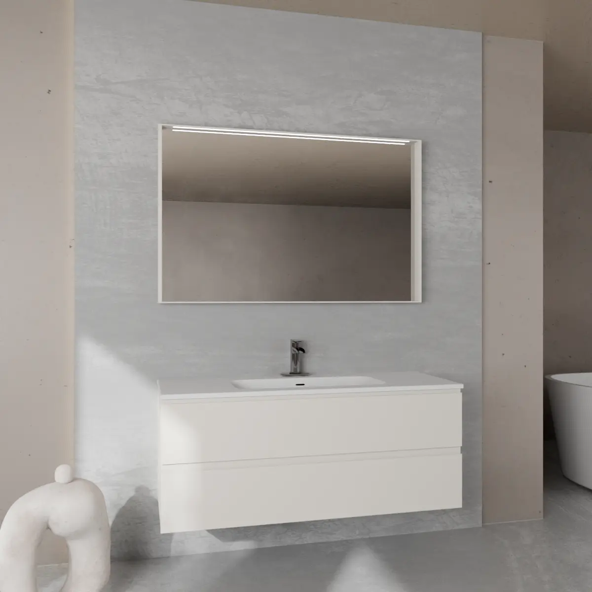 Meuble largeur 120cm, profondeur 46 cm, façades et structure en laqué mat RAL9001, poignée B , vasque intégrée code article COVER 120 en  ceramica blanc. Miroir avec cadre en bois, lumière LED supérieure et capteur tactile, finition stratifiée ou laquée mate assortie au meuble. Contactez-nous pour une couleur différente; épaisseur : 13 cm.