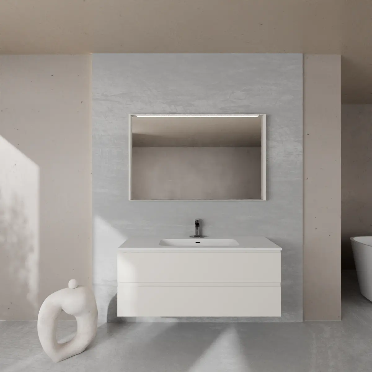 Meuble largeur 120cm, profondeur 46 cm, façades et structure en laqué mat RAL9001, poignée B , vasque intégrée code article COVER 120 en  ceramica blanc. Miroir avec cadre en bois, lumière LED supérieure et capteur tactile, finition stratifiée ou laquée mate assortie au meuble. Contactez-nous pour une couleur différente; épaisseur : 13 cm.
