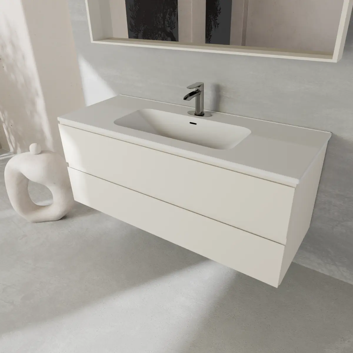 Meuble largeur 120cm, profondeur 46 cm, façades et structure en laqué mat RAL9001, poignée B , vasque intégrée code article COVER 120 en  ceramica blanc. Miroir avec cadre en bois, lumière LED supérieure et capteur tactile, finition stratifiée ou laquée mate assortie au meuble. Contactez-nous pour une couleur différente; épaisseur : 13 cm.