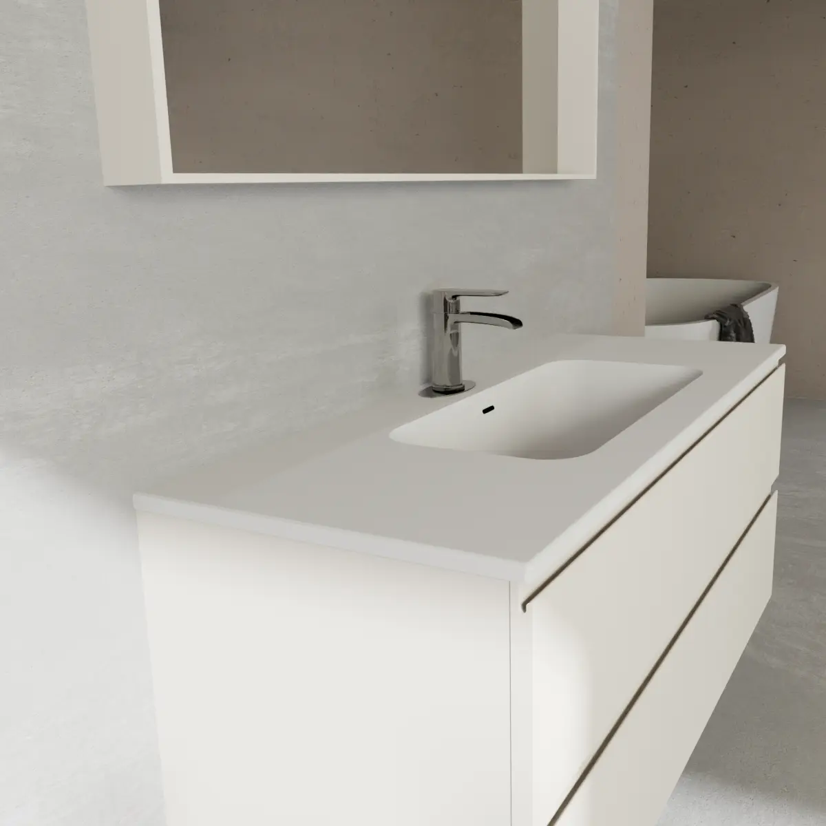 Meuble largeur 120cm, profondeur 46 cm, façades et structure en laqué mat RAL9001, poignée B , vasque intégrée code article COVER 120 en  ceramica blanc. Miroir avec cadre en bois, lumière LED supérieure et capteur tactile, finition stratifiée ou laquée mate assortie au meuble. Contactez-nous pour une couleur différente; épaisseur : 13 cm.