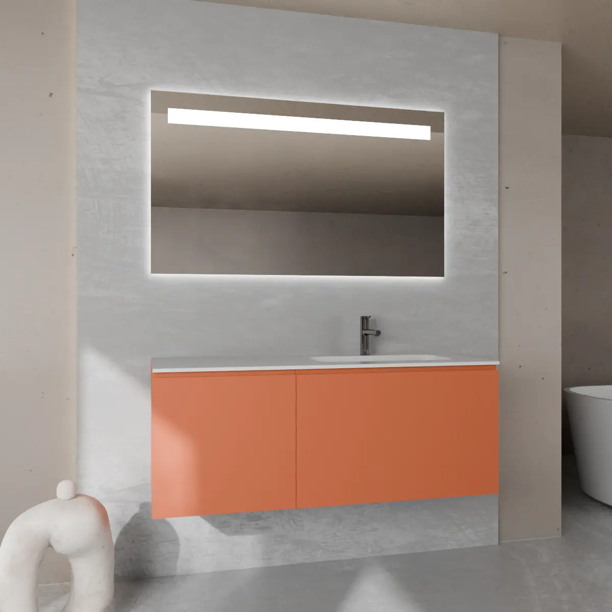 Meuble largeur 130cm, profondeur 51 cm, façades et structure en laqué mat FB 268 charlotte locks, poignée A , vasque intégrée code article GLOBO 220-A en  tecnoril blanc. Miroir rectangulaire avec éclairage frontal., également disponible avec rétroéclairage sur les 4 côtés et capteur tactile latéral en bas à droite; épaisseur : 2 cm.
