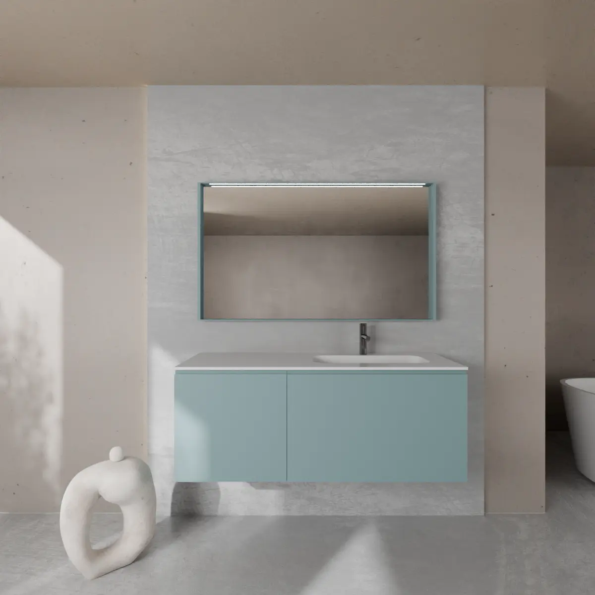 Meuble largeur 130cm, profondeur 51 cm, façades et structure en laqué mat FB 86 stone blue, poignée A , vasque intégrée code article GLOBO 224-A en  tecnoril blanc. Miroir avec cadre en bois, lumière LED supérieure et capteur tactile, finition stratifiée ou laquée mate assortie au meuble. Contactez-nous pour une couleur différente; épaisseur : 13 cm.