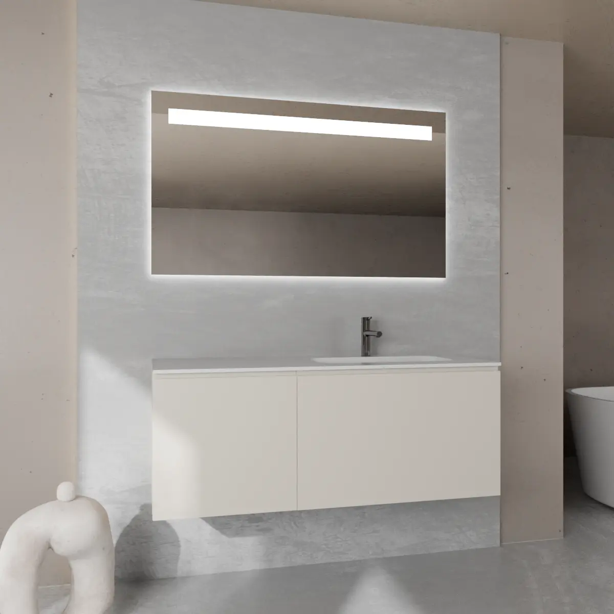 Meuble largeur 130cm, profondeur 51 cm, façades et structure en laqué mat RAL1013, poignée A , vasque intégrée code article GLOBO 220-A en  tecnoril blanc. Miroir rectangulaire avec éclairage frontal., également disponible avec rétroéclairage sur les 4 côtés et capteur tactile latéral en bas à droite; épaisseur : 2 cm.