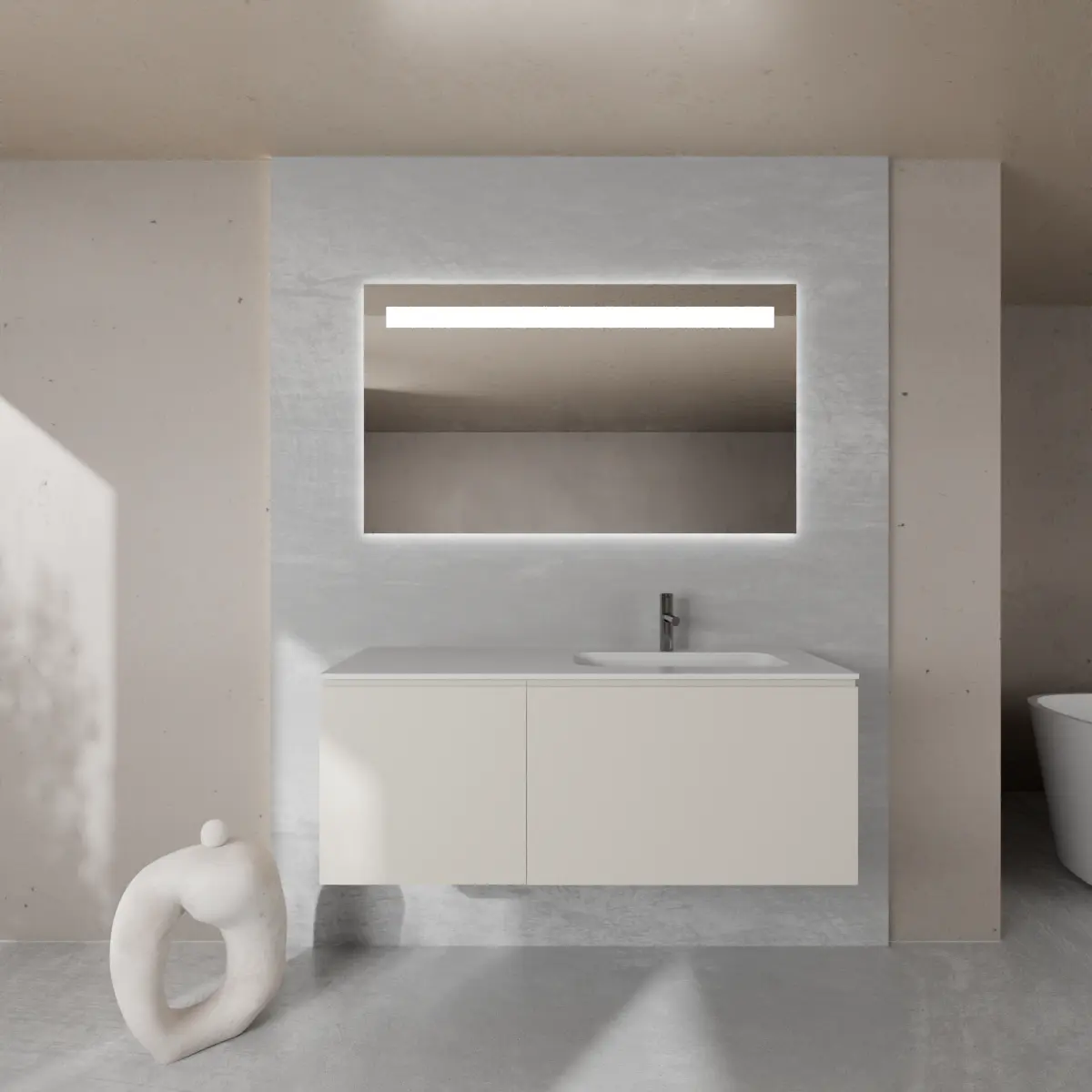 Meuble largeur 130cm, profondeur 51 cm, façades et structure en laqué mat RAL1013, poignée A , vasque intégrée code article GLOBO 220-A en  tecnoril blanc. Miroir rectangulaire avec éclairage frontal., également disponible avec rétroéclairage sur les 4 côtés et capteur tactile latéral en bas à droite; épaisseur : 2 cm.