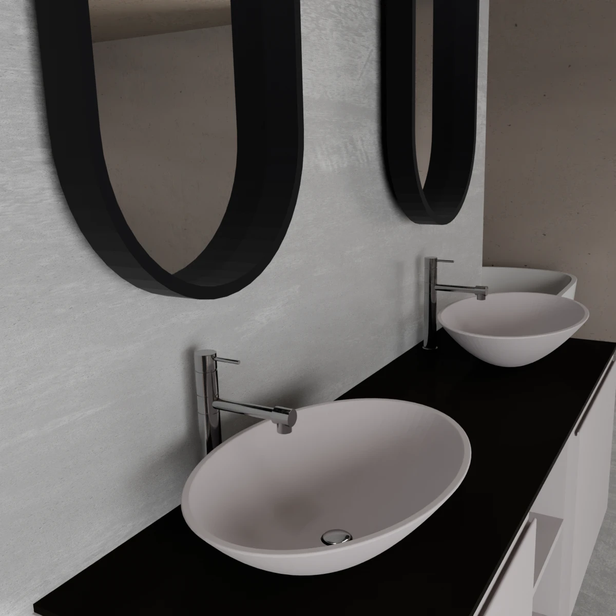 Meuble largeur 160 cm, profondeur 51 cm, façades et structure en laqué mat NCS S 3005 R20B, poignée B, top hpl nero seppia, vasque à poser en verre laqué NCS S 3005 R20B. Miroir ovale avec cadre en métal noir mat de 2 mm et éclairage LED intégré dans la partie supérieure du cadre, connexion électrique à effectuer à un interrupteur mural; épaisseur du cadre : 6,5 cm.
