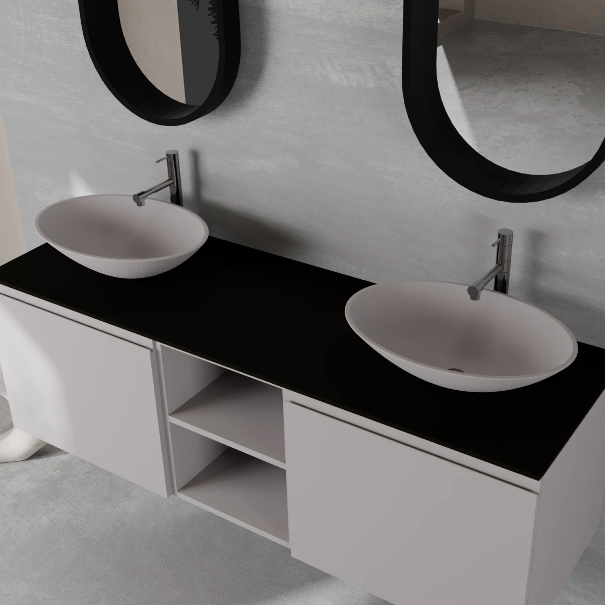 Meuble largeur 160 cm, profondeur 51 cm, façades et structure en laqué mat NCS S 3005 R20B, poignée B, top hpl nero seppia, vasque à poser en verre laqué NCS S 3005 R20B. Miroir ovale avec cadre en métal noir mat de 2 mm et éclairage LED intégré dans la partie supérieure du cadre, connexion électrique à effectuer à un interrupteur mural; épaisseur du cadre : 6,5 cm.