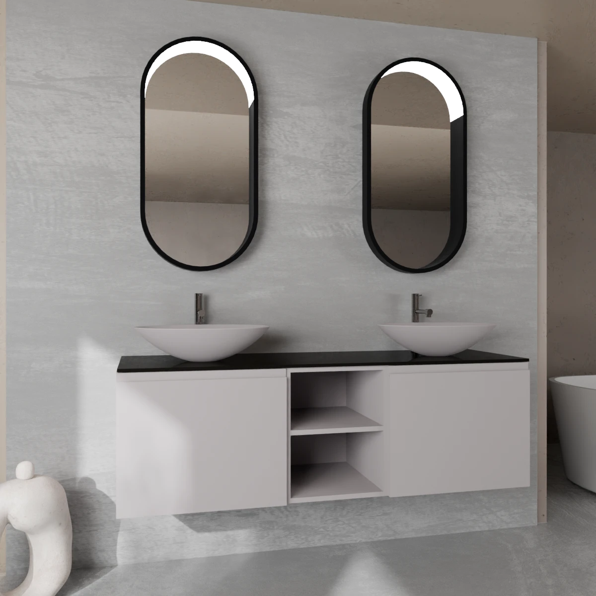 Meuble largeur 160 cm, profondeur 51 cm, façades et structure en laqué mat NCS S 3005 R20B, poignée B, top hpl nero seppia, vasque à poser en verre laqué NCS S 3005 R20B. Miroir ovale avec cadre en métal noir mat de 2 mm et éclairage LED intégré dans la partie supérieure du cadre, connexion électrique à effectuer à un interrupteur mural; épaisseur du cadre : 6,5 cm.