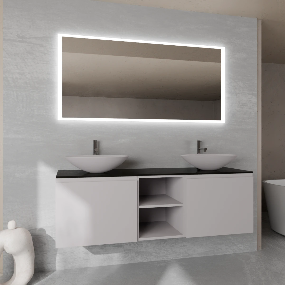 Meuble largeur 160 cm, profondeur 51 cm, façades et structure en laqué mat NCS S 3005 R20B, poignée B, top hpl nero seppia, vasque à poser en verre laqué NCS S 3005 R20B. Miroir rectangulaire avec éclairage LED frontal le long du périmètre., connexion électrique à effectuer à un interrupteur mural; épaisseur : 2 cm.
