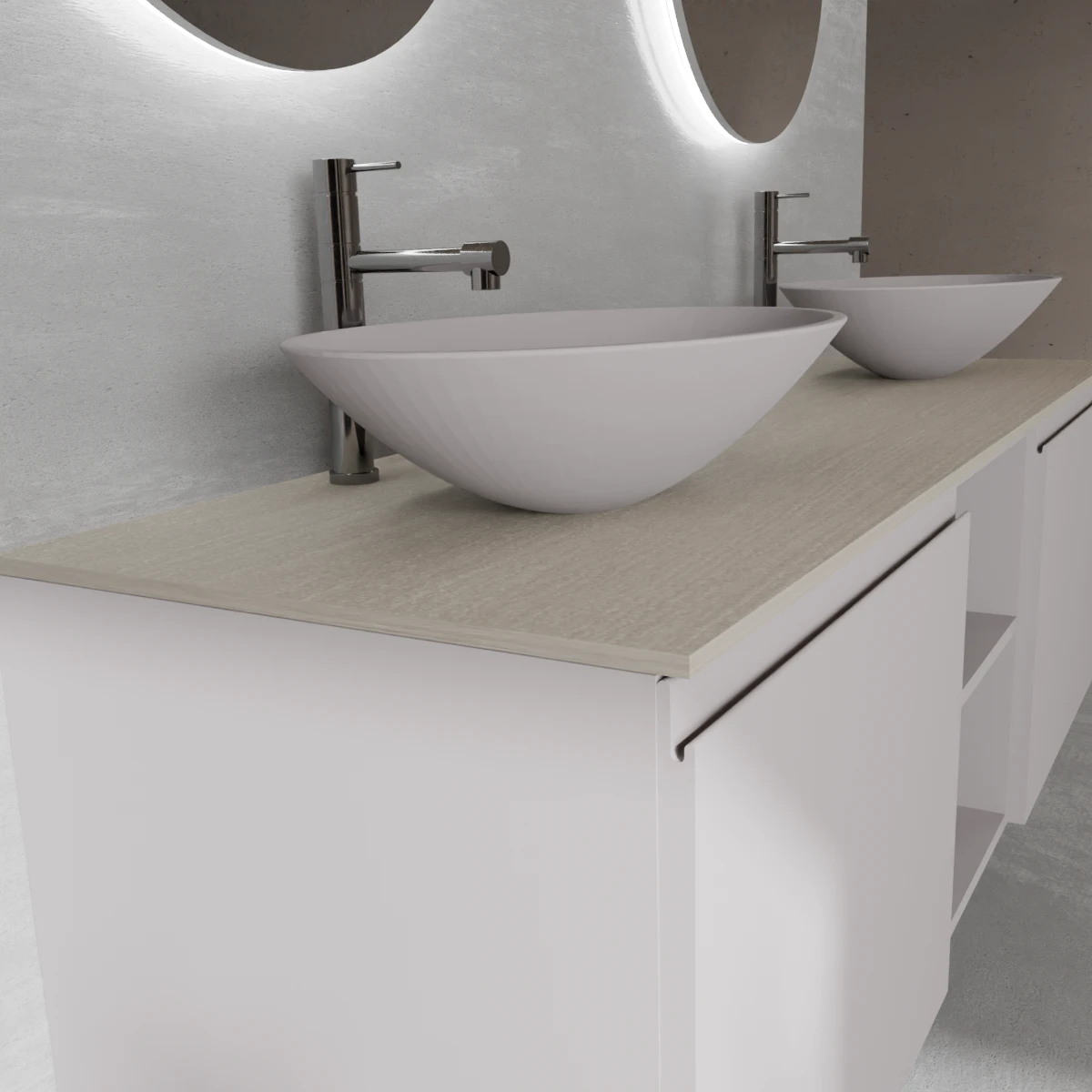Meuble largeur 160 cm, profondeur 51 cm, façades et structure en laqué mat NCS S 3005 R20B, poignée B, top hpl travertino, vasque à poser en verre laqué NCS S 3005 R20B. Miroir rond, disponible sans rétroéclairage ou avec rétroéclairage périmétrique et capteur tactile latéral en bas à droite; épaisseur : 2 cm.