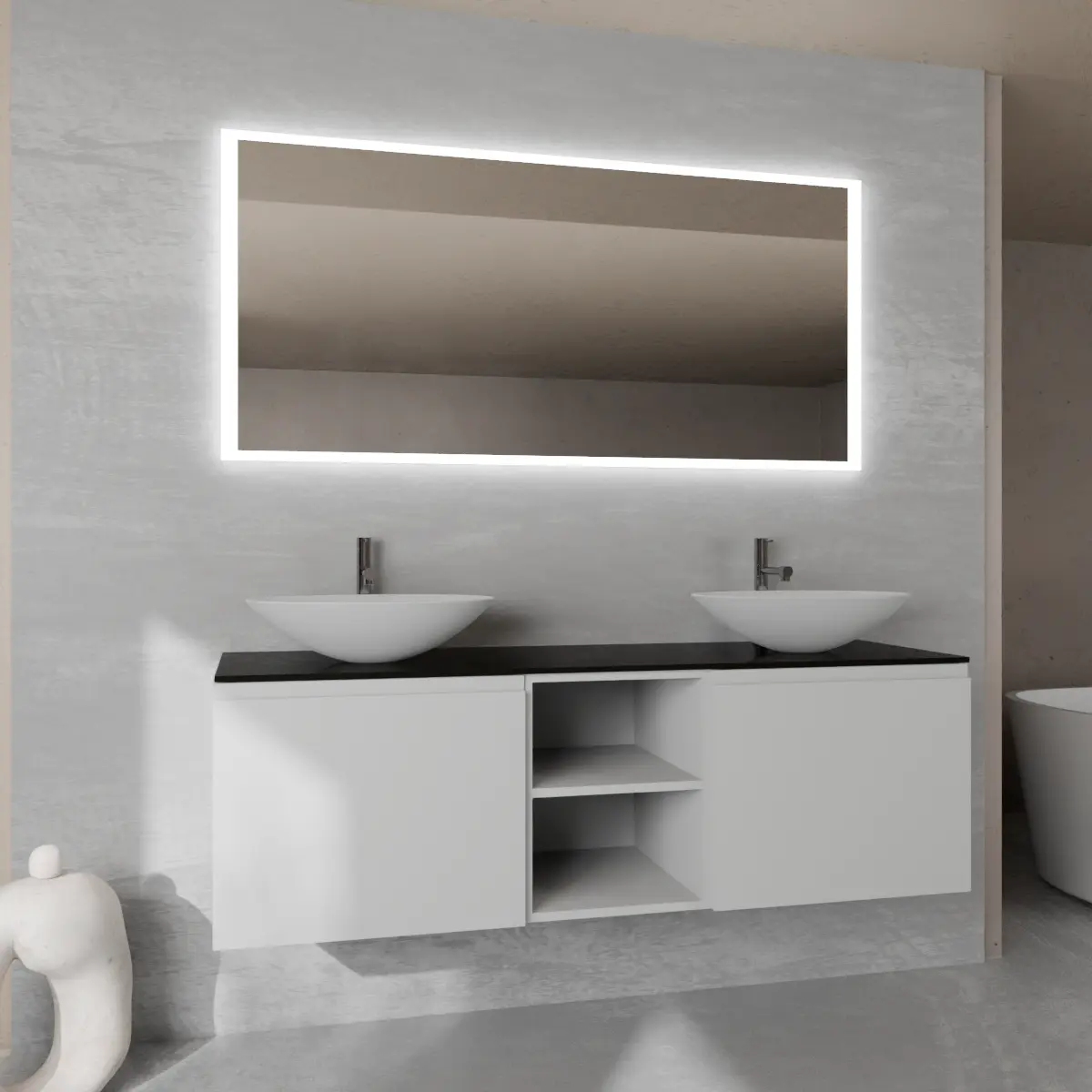 Meuble largeur 160 cm, profondeur 51 cm, façades et structure en laqué mat RAL7047, poignée B, top hpl nero seppia, vasque à poser en verre laqué RAL7047. Miroir rectangulaire avec éclairage LED frontal le long du périmètre., connexion électrique à effectuer à un interrupteur mural; épaisseur : 2 cm.