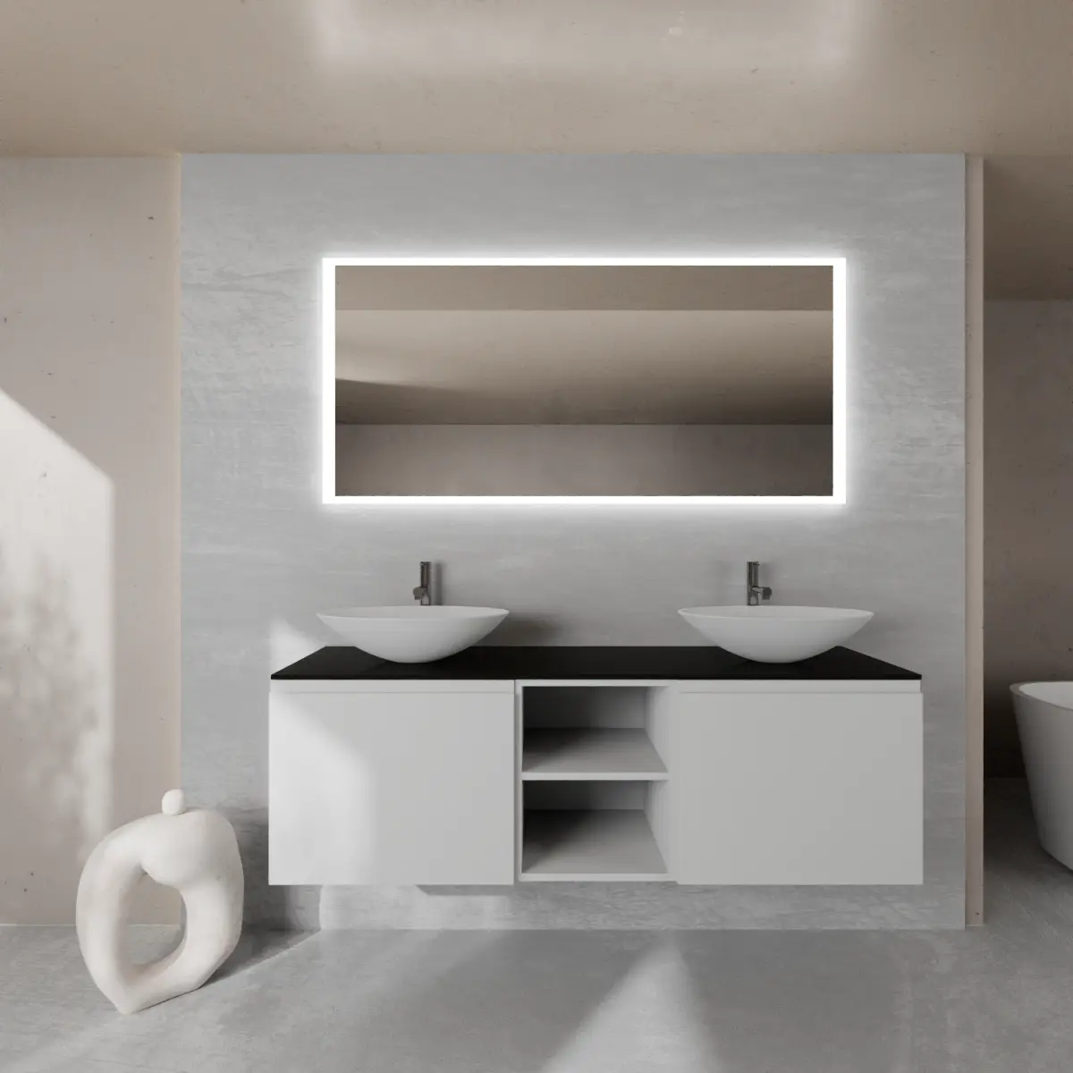 Meuble largeur 160 cm, profondeur 51 cm, façades et structure en laqué mat RAL7047, poignée B, top hpl nero seppia, vasque à poser en verre laqué RAL7047. Miroir rectangulaire avec éclairage LED frontal le long du périmètre., connexion électrique à effectuer à un interrupteur mural; épaisseur : 2 cm.