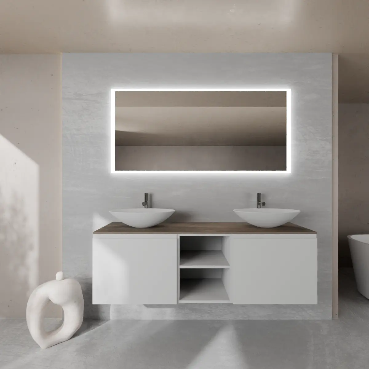 Meuble largeur 160 cm, profondeur 51 cm, façades et structure en laqué mat RAL7047, poignée B, top hpl ruggine, vasque à poser en verre laqué RAL7047. Miroir rectangulaire avec éclairage LED frontal le long du périmètre., connexion électrique à effectuer à un interrupteur mural; épaisseur : 2 cm.
