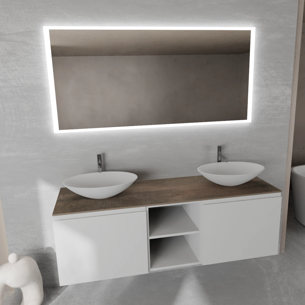 Meuble largeur 160 cm, profondeur 51 cm, façades et structure en laqué mat RAL7047, poignée B, top hpl ruggine, vasque à poser en verre laqué RAL7047. Miroir rectangulaire avec éclairage LED frontal le long du périmètre., connexion électrique à effectuer à un interrupteur mural; épaisseur : 2 cm.