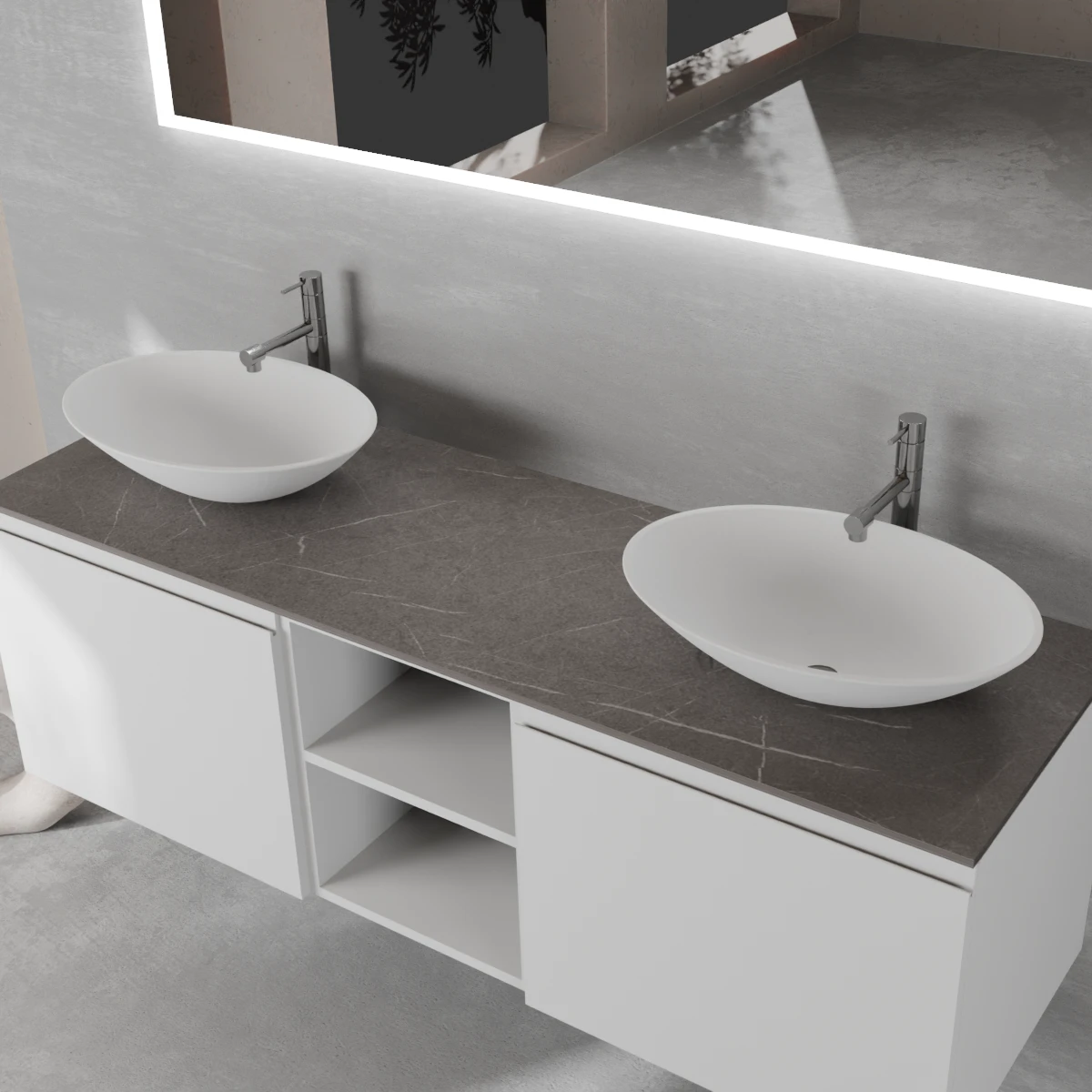 Meuble largeur 160 cm, profondeur 51 cm, façades et structure en laqué mat RAL9016, poignée B, top hpl alabastro gray, vasque à poser en verre laqué RAL9016. Miroir rectangulaire avec éclairage LED frontal le long du périmètre., connexion électrique à effectuer à un interrupteur mural; épaisseur : 2 cm.
