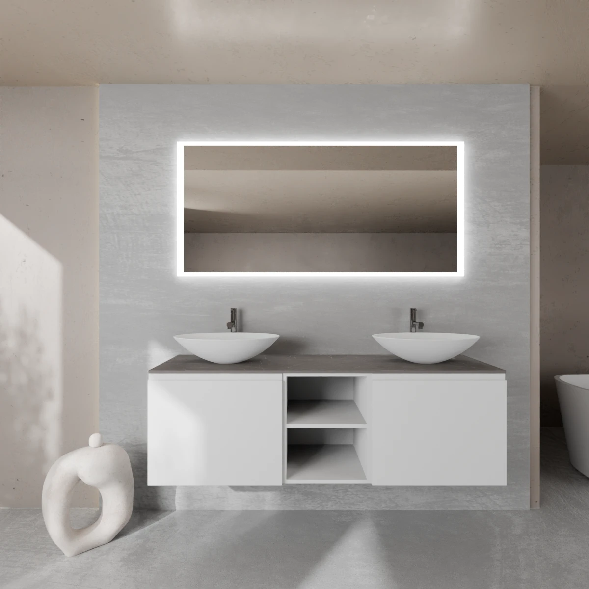 Meuble largeur 160 cm, profondeur 51 cm, façades et structure en laqué mat RAL9016, poignée B, top hpl alabastro gray, vasque à poser en verre laqué RAL9016. Miroir rectangulaire avec éclairage LED frontal le long du périmètre., connexion électrique à effectuer à un interrupteur mural; épaisseur : 2 cm.