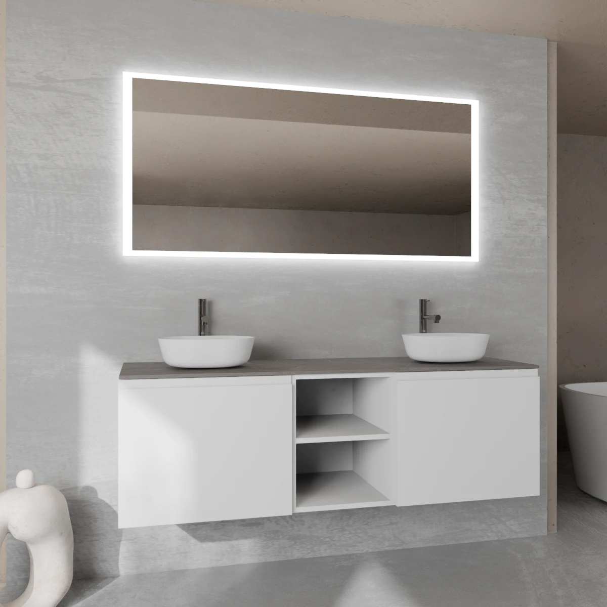 Meuble largeur 160 cm, profondeur 51 cm, façades et structure en laqué mat RAL9016, poignée B, top hpl alabastro gray, vasque à poser en ocritech blanc. Miroir rectangulaire avec éclairage LED frontal le long du périmètre., connexion électrique à effectuer à un interrupteur mural; épaisseur : 2 cm.