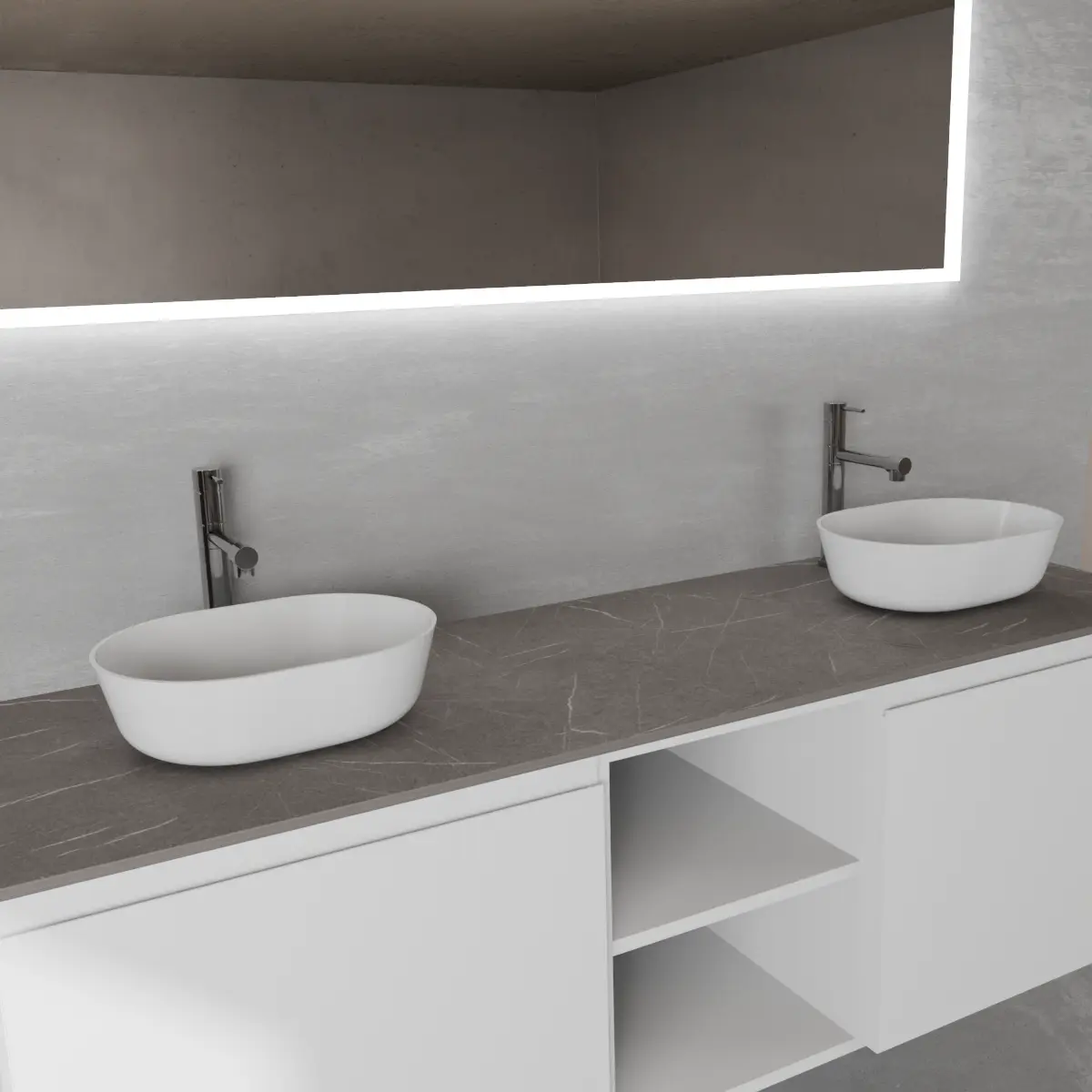 Meuble largeur 160 cm, profondeur 51 cm, façades et structure en laqué mat RAL9016, poignée B, top hpl alabastro gray, vasque à poser en ocritech blanc. Miroir rectangulaire avec éclairage LED frontal le long du périmètre., connexion électrique à effectuer à un interrupteur mural; épaisseur : 2 cm.